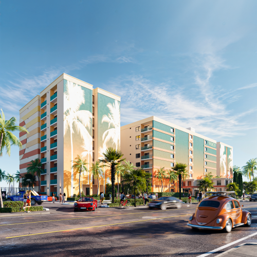 A vibrant street scene features tall buildings with palm murals, palm trees, and classic cars under a sunny sky.